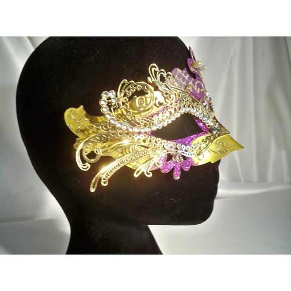 Purple gold mask with or on stick prom party Halloween masquerade costume mask - Picture 4 of 7